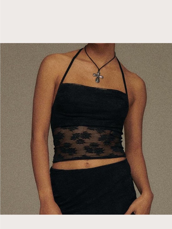 Princess Polly Tops - Princess Polly Black Lace Halter Crop Top